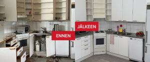 Vuokra-asunnon keittiö näytti Aurin ja Elegan tekemän uudistuksen jälkeen jo huomattavasti paremmalta